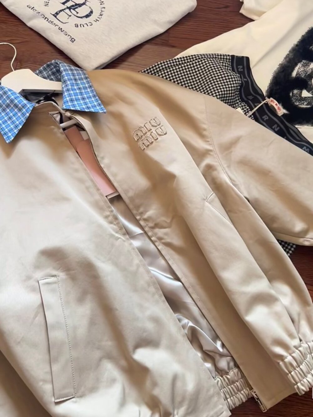 Miu Miu Women's Casual Zip-Collar Faux Two-Piece Jacket — Beige - Picture 3 of 5